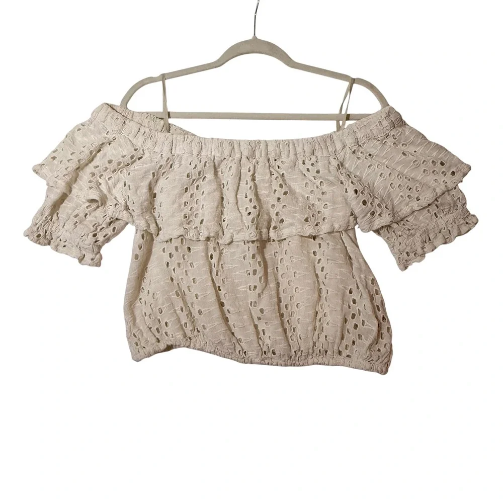 Free People Cream Eyelet Off The Shoulder Top Medium Ruffle Boho Cropped